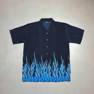 Vintage Y2K Tribal Flames Shirt Blue Men's Medium Button Up Oversized ODO Retro